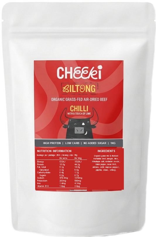 Cheeki Chilli & Lime Biltong 1kg bulk bag - organic grass-fed air-dried beef