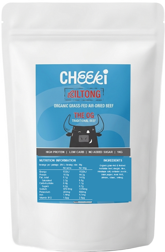 Cheeki OG Biltong 1kg bulk bag - organic grass-fed air-dried beef