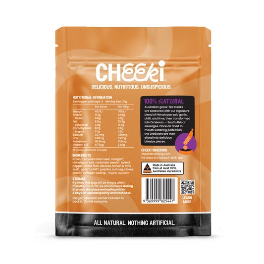 Cheeki Dreowor Bites 80g Chilli and Lime - Organic Grass Fed Beef - Ingredient panel