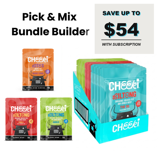 Cheeki Biltong variety bundle, Cheeki Biltong OG, Cheeki Biltong Chilli, Cheeki Biltong Garlic, Cheeki Bites Secret Spice 'SAVE UP TO $54 WITH SUBSCRIPTION'