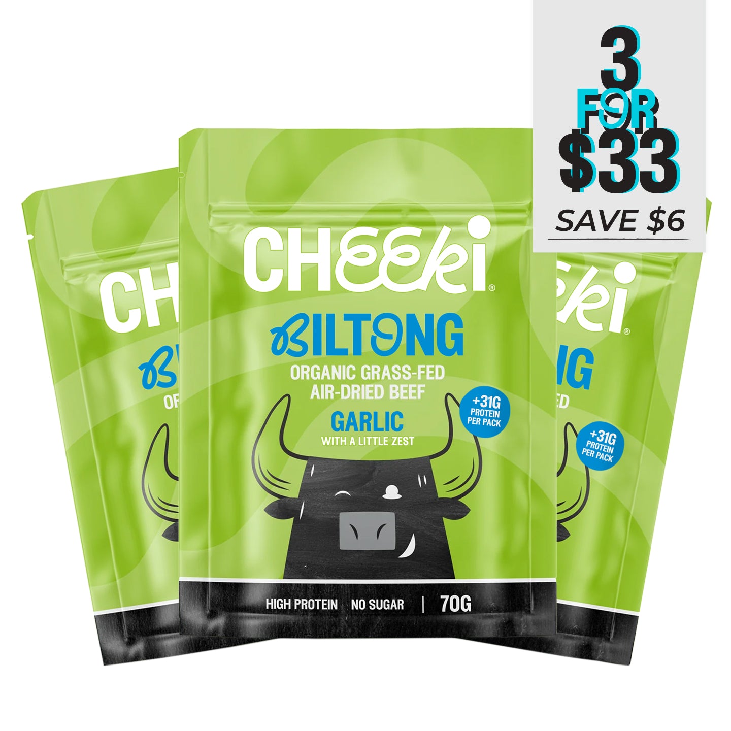 Three packs of Cheeki Biltong Garlic flavor on a white background with promotional text.