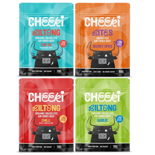 Four packages of Cheeki Biltong with different flavors on a white background