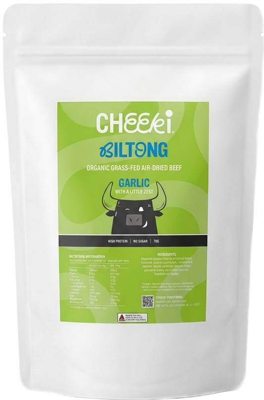 A white stand-up pouch of Cheeki Garlic Biltong 1kg Bulk Pack.