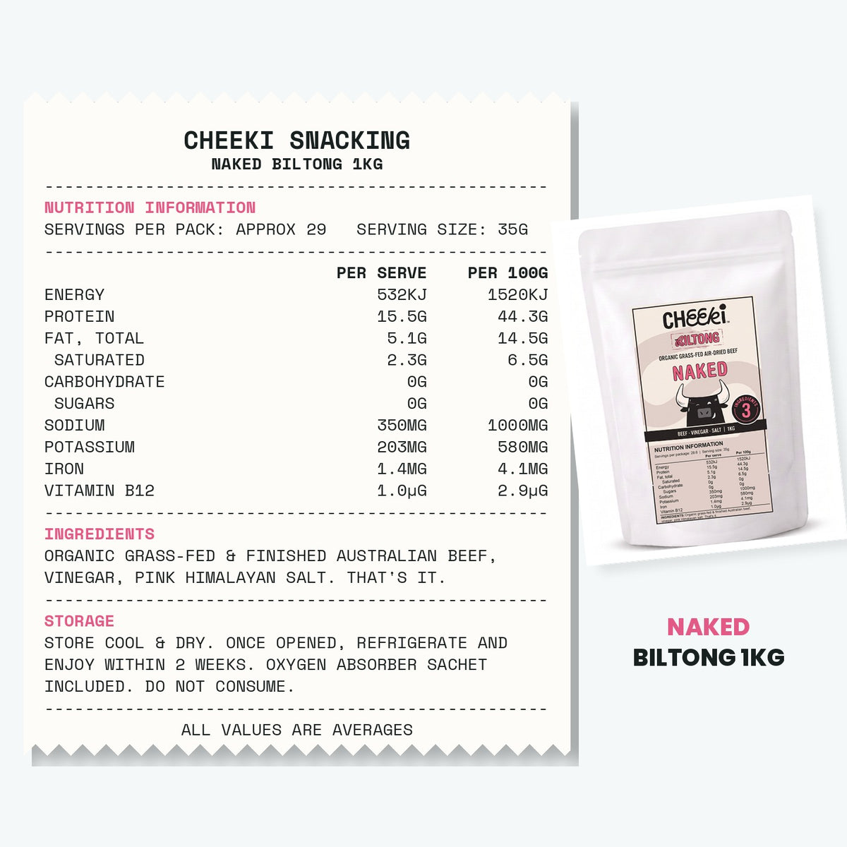 Cheeki Naked Biltong 1kg ingredients and nutrition information