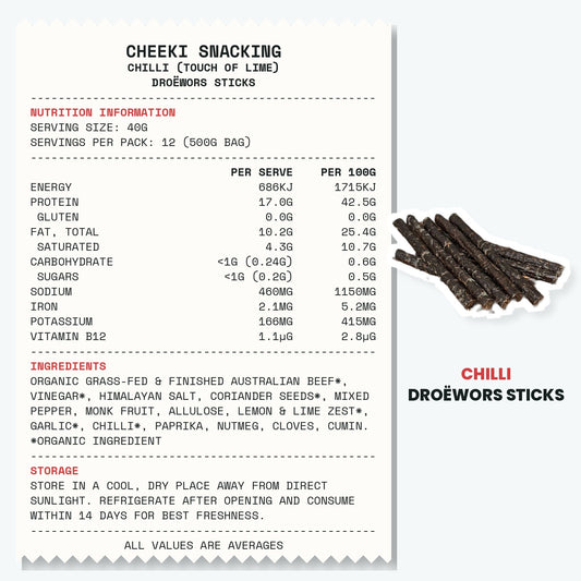 Cheeki Chilli Droewors Sticks ingredients and nutrition information