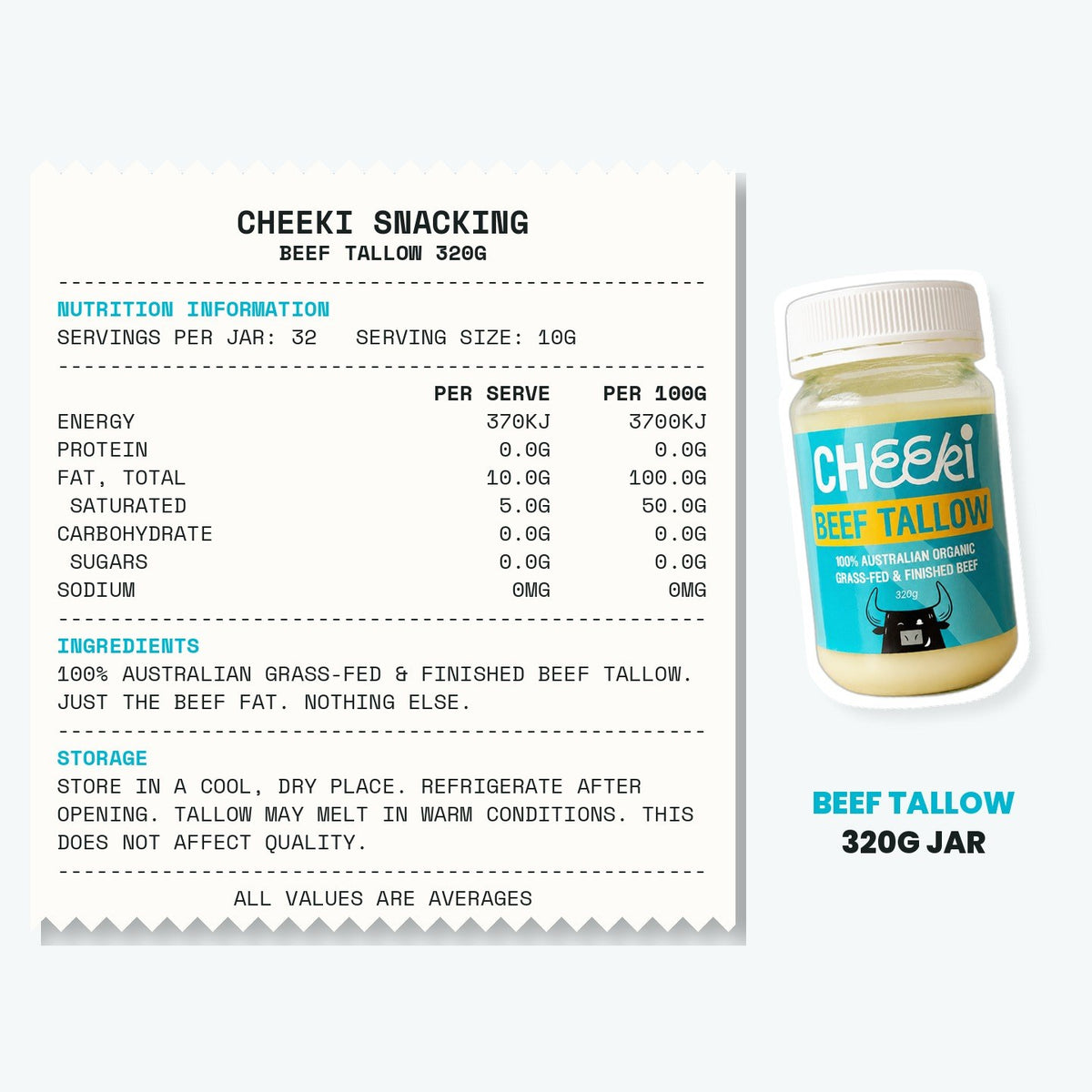 Cheeki Beef Tallow 320g ingredients and nutrition information