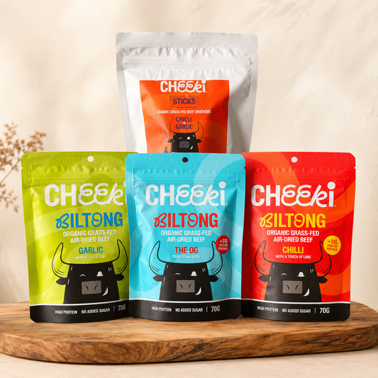 Cheeki Munch Box- Biltong x 3 & Droëwors 250g x 1 - Organic Grass-Fed Beef