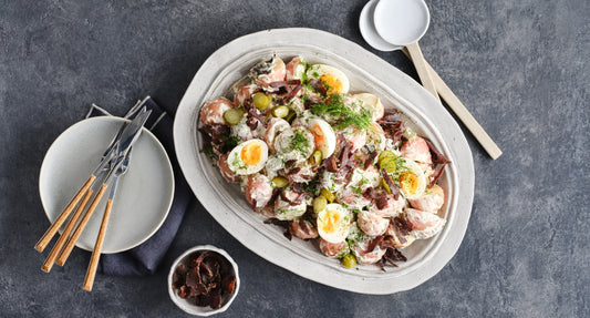 Potato salad with jammy eggs and biltong