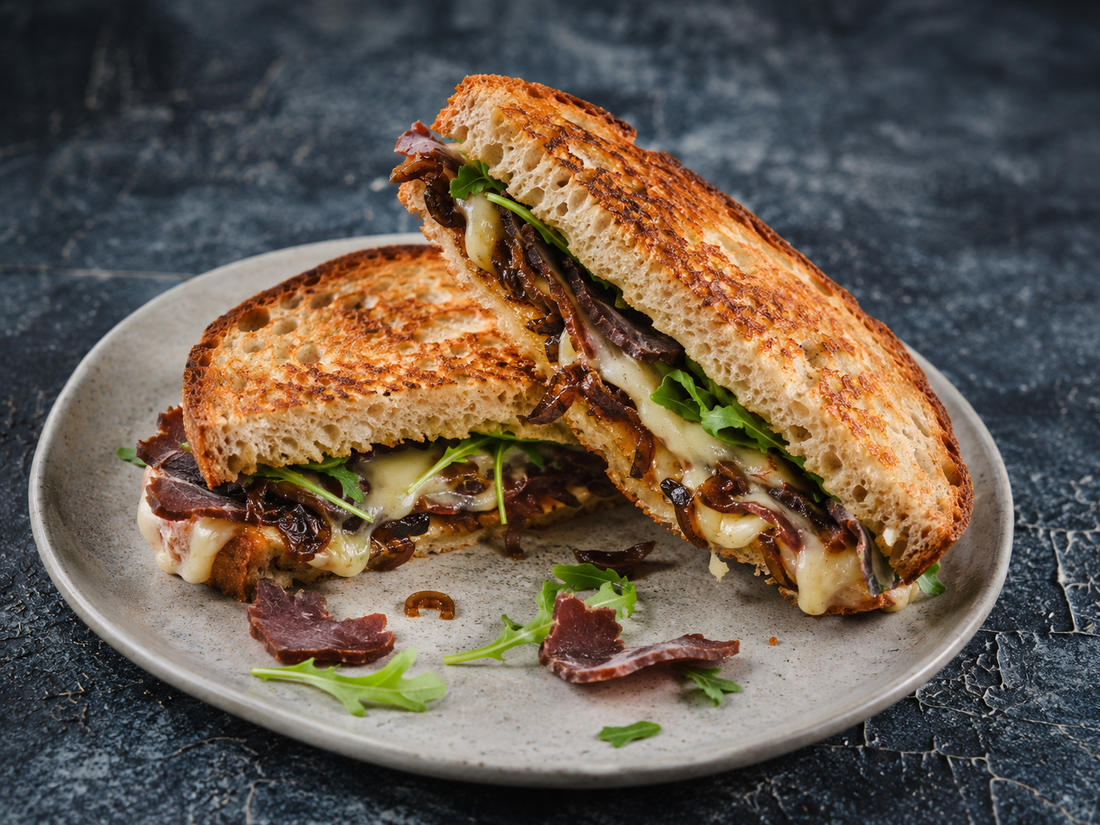 Biltong, cheddar and caramelised onion toastie