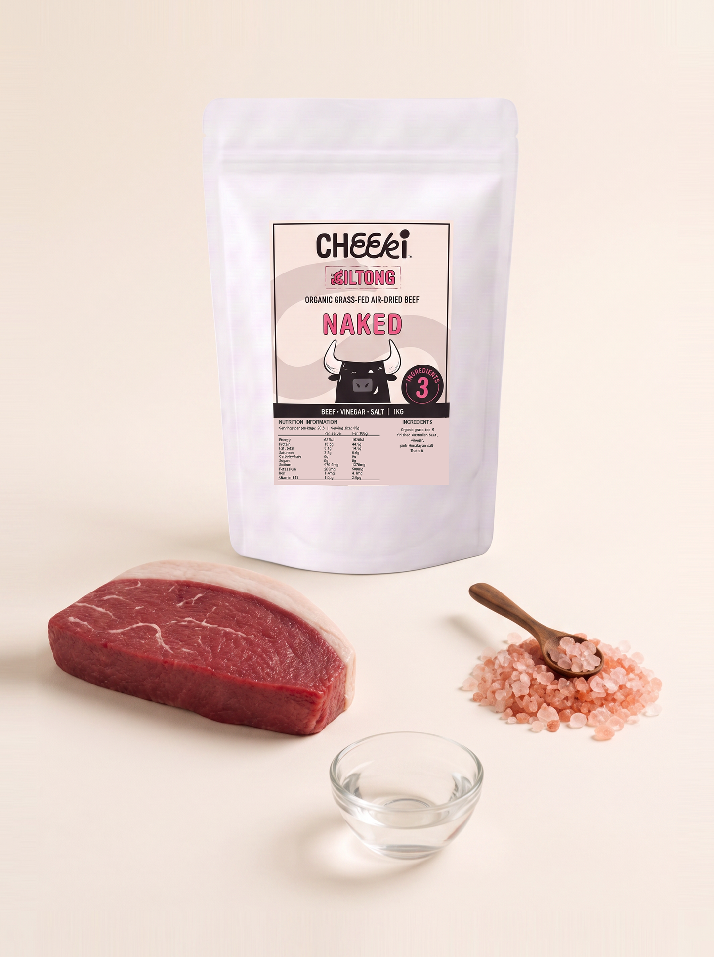 Cheeki Naked Biltong 1kg bag with its 3 ingredients: grass-fed beef, vinegar and pink Himalayan salt