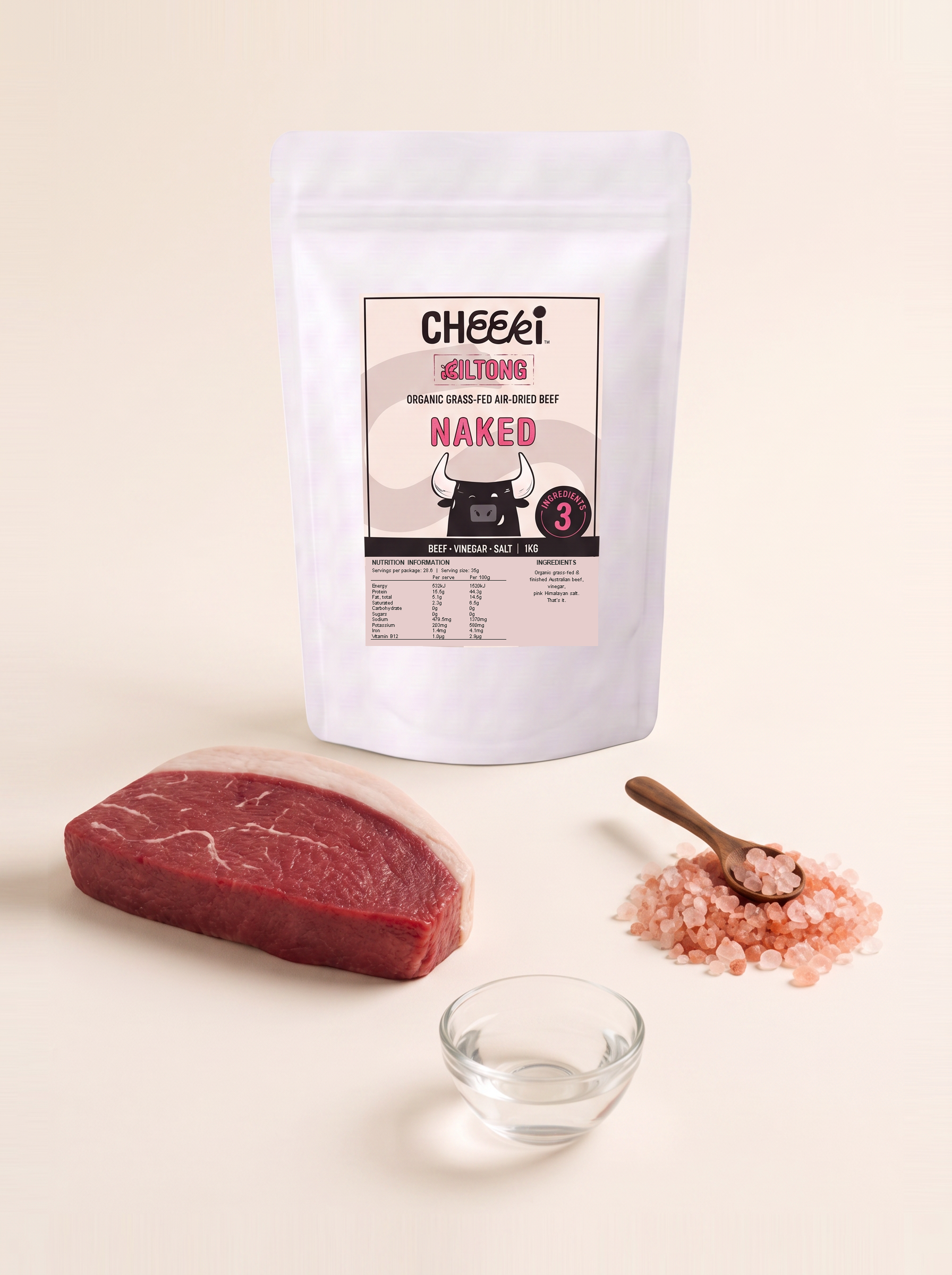 Cheeki Naked Biltong 1kg bag with its 3 ingredients: grass-fed beef, vinegar and pink Himalayan salt