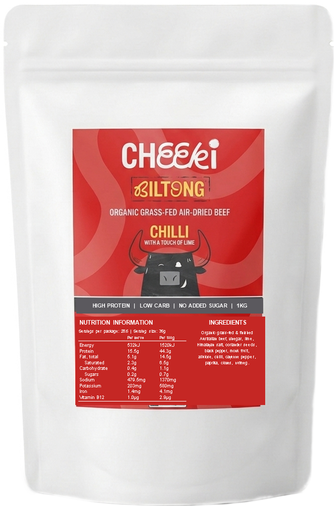Cheeki Chilli & Lime Biltong 1kg bulk bag - organic grass-fed air-dried beef