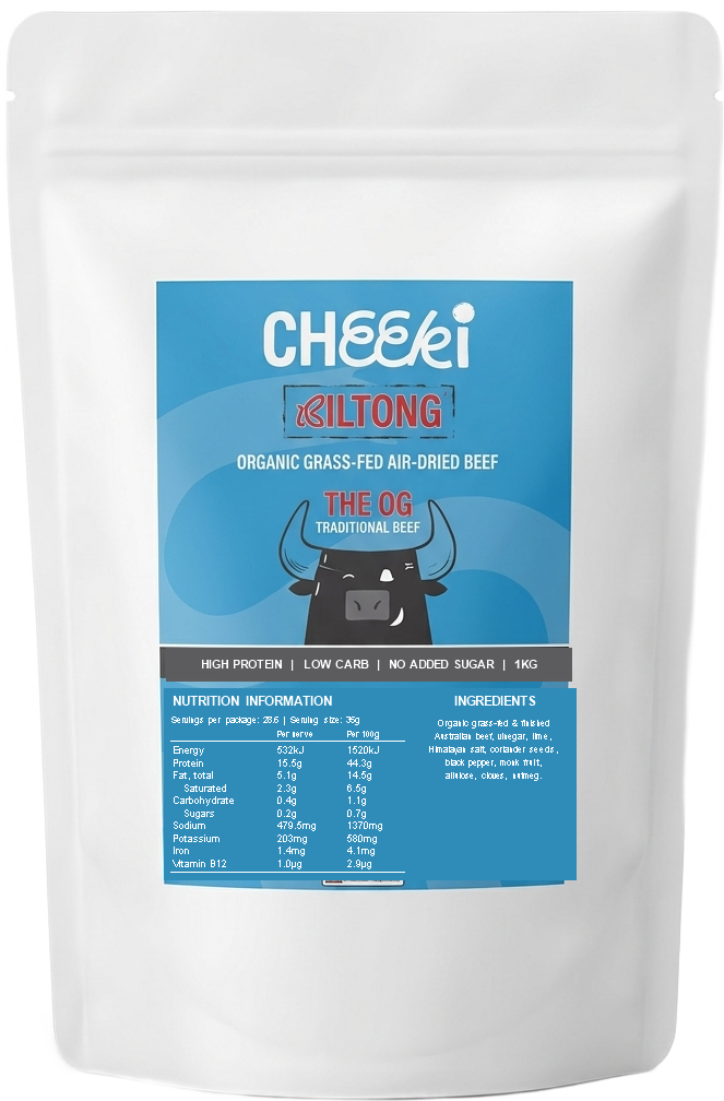 The Meat Not Merch Box, a kilo of sliced Cheeki biltong with droewors and signature spice