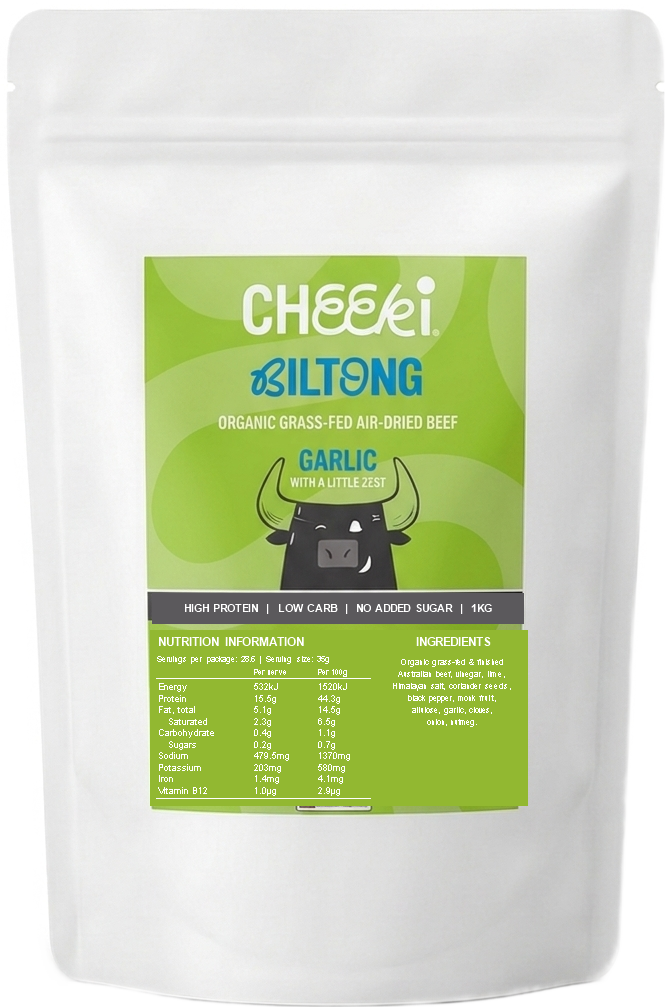 Cheeki Garlic & Citrus Biltong 1kg bulk bag - organic grass-fed air-dried beef