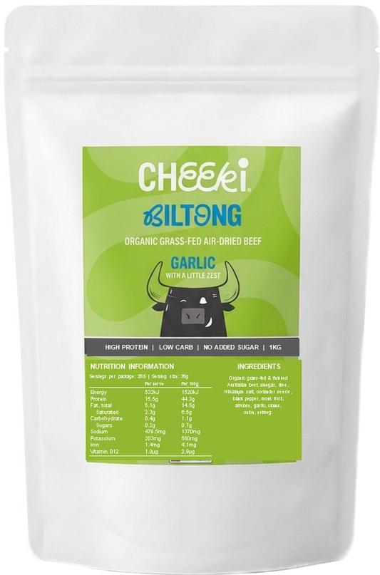 Cheeki Garlic & Citrus Biltong 1kg bulk bag - organic grass-fed air-dried beef