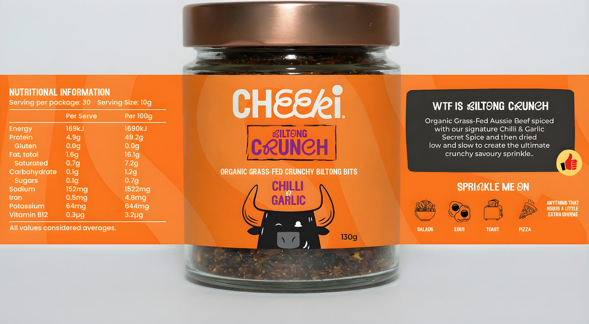 Cheeki Snacking Crunchy Biltong 130g jar - high protein keto friendly topper ...
