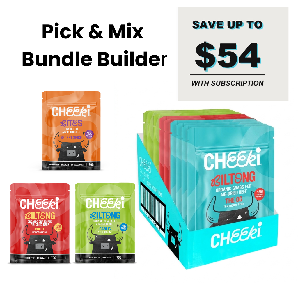 Cheeki Biltong variety bundle, Cheeki Biltong OG, Cheeki Biltong Chilli, Cheeki  Biltong Garlic, Cheeki Bites Secret Spice  'SAVE UP TO $54 WITH SUBSCRIPTION'