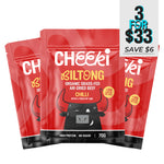 Three packs of Cheeki Biltong Chilli flavor on a white background with promotional text.