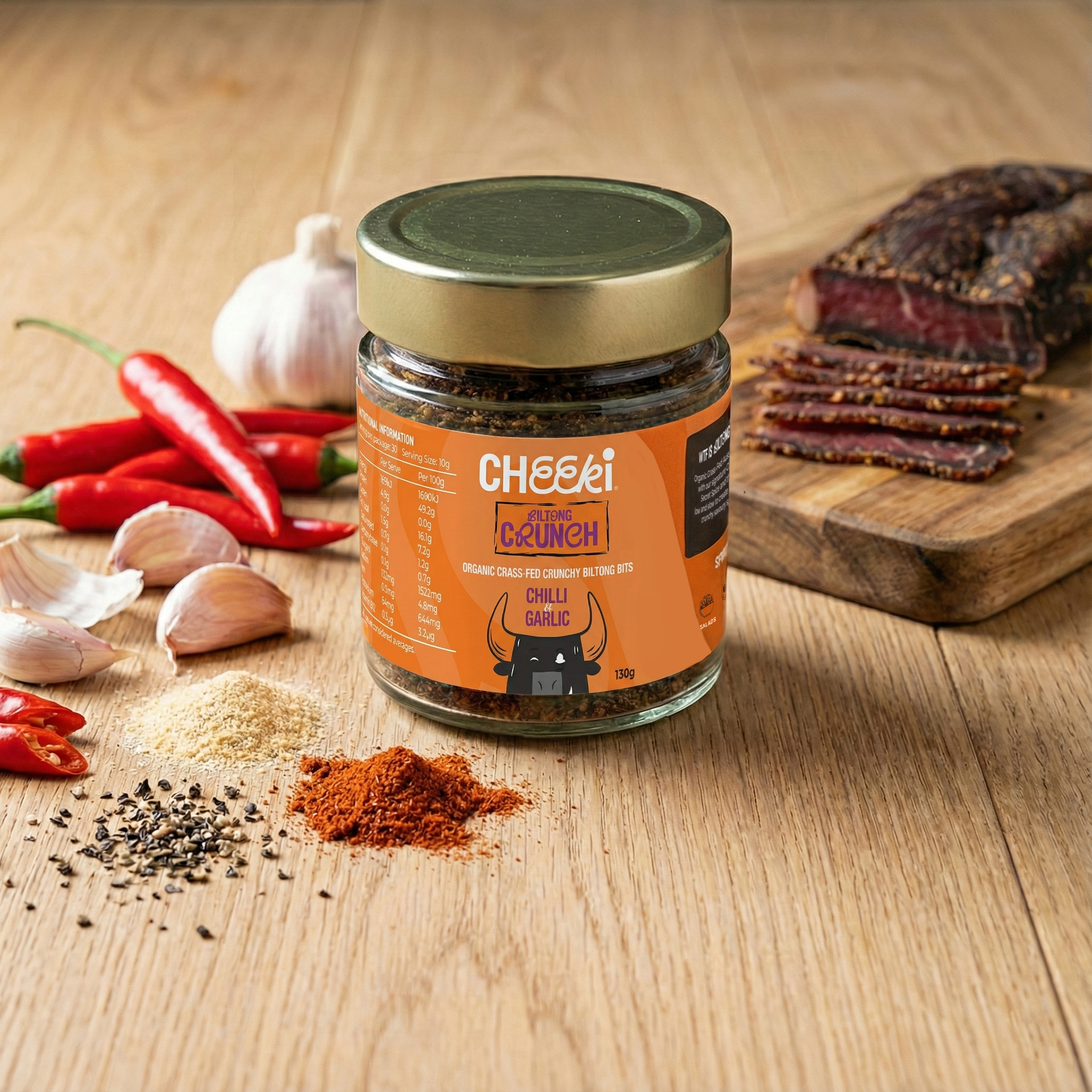 Cheeki Crunch 130g jar - crispy biltong bites made from Australian grass-fed beef