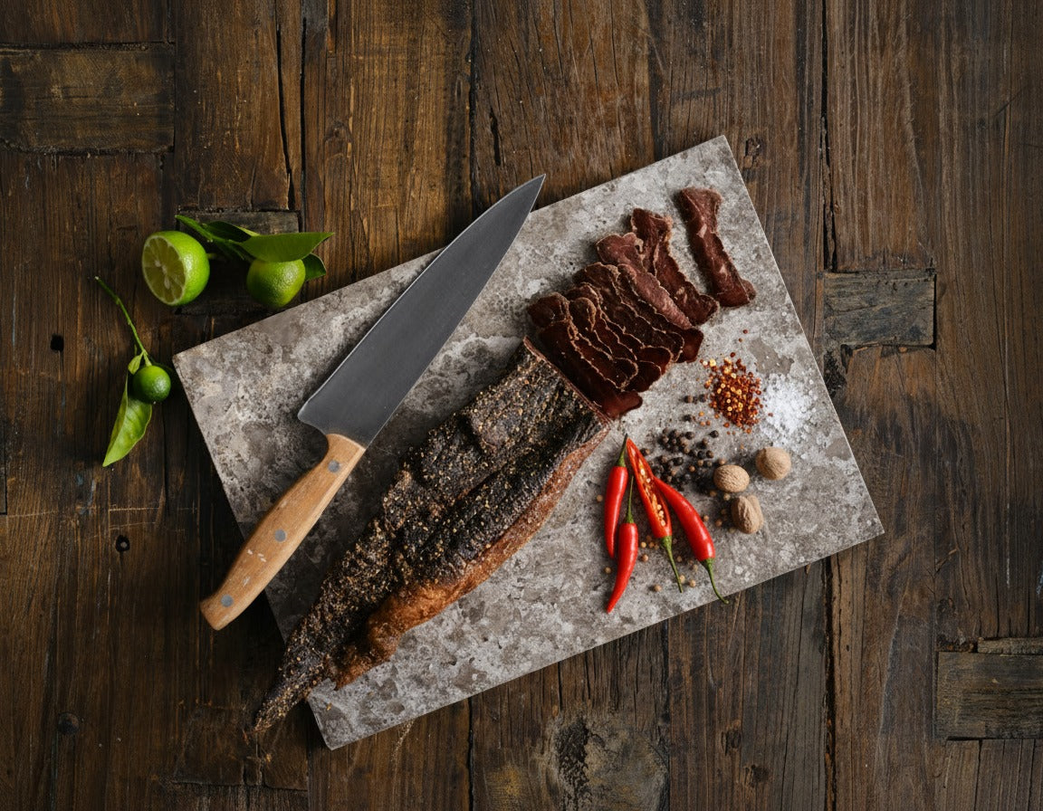 Cheeki Chilli & Lime Biltong sliced illustrating texture and ingredients