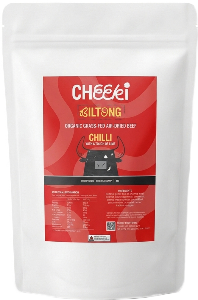 A white stand-up pouch of Cheeki Chilli Biltong 1kg Bulk pack.   