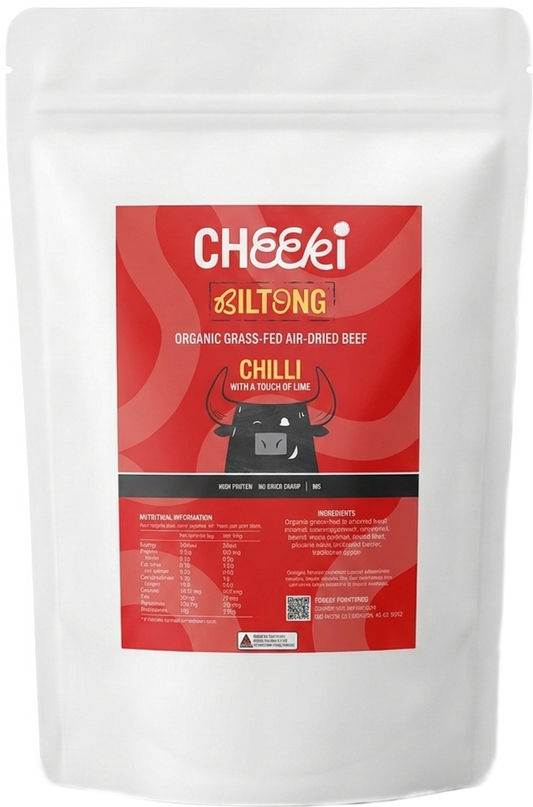A white stand-up pouch of Cheeki Chilli Biltong 1kg Bulk pack.   