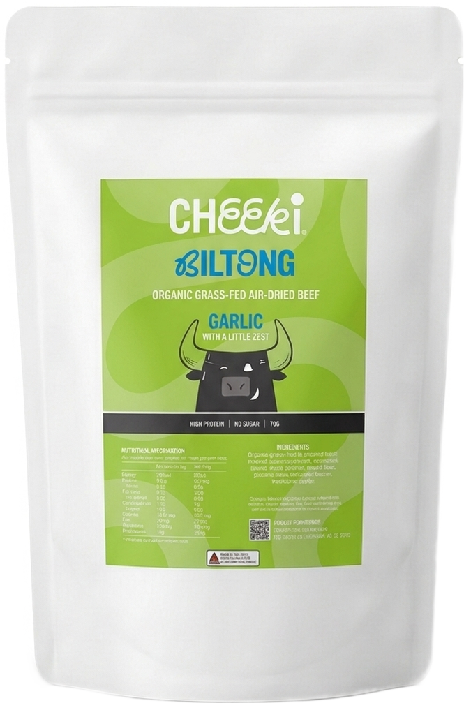 A white stand-up pouch of Cheeki Garlic Biltong 1kg Bulk Pack.