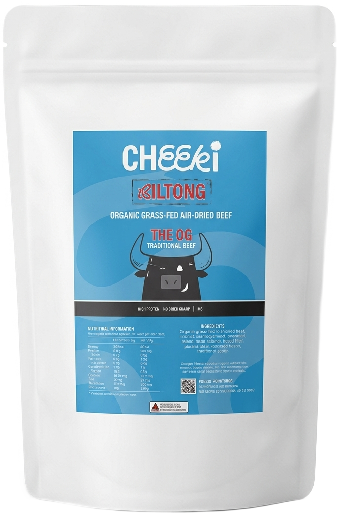 A white stand-up pouch of Cheeki OG Biltong 1kg Bulk Pack 