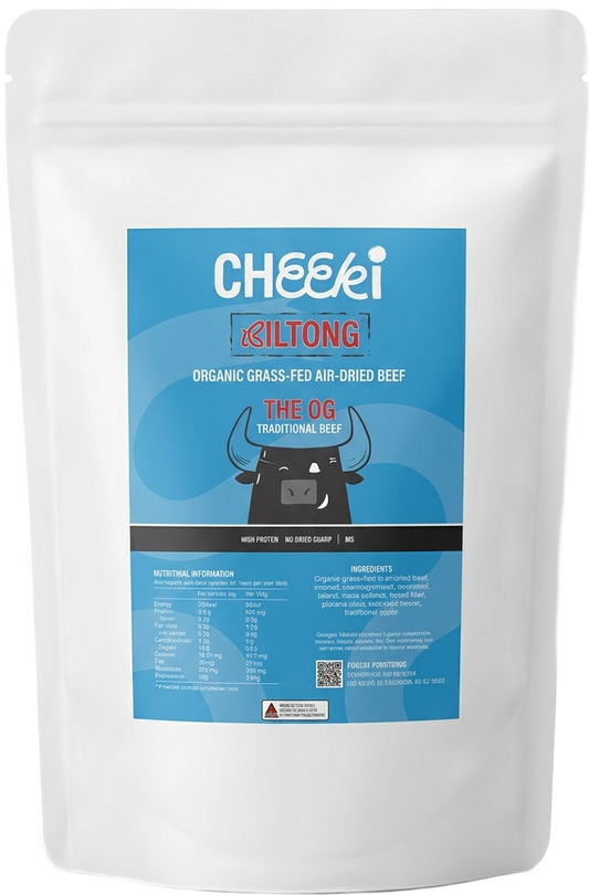 A white stand-up pouch of Cheeki OG Biltong 1kg Bulk Pack 