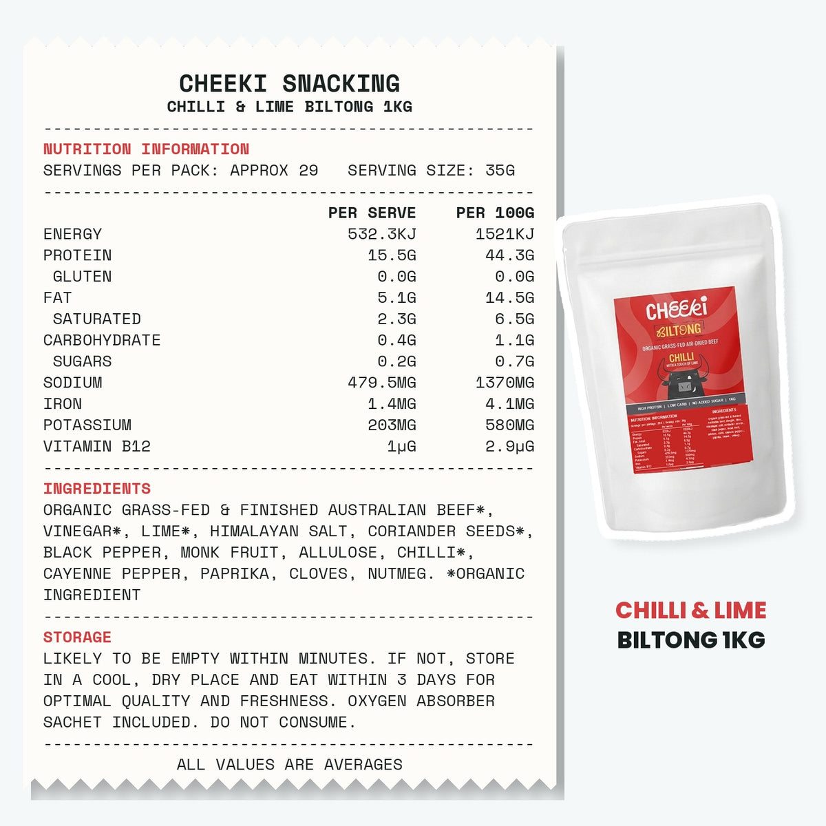 Cheeki Chilli & Lime Biltong 1kg ingredients and nutrition information