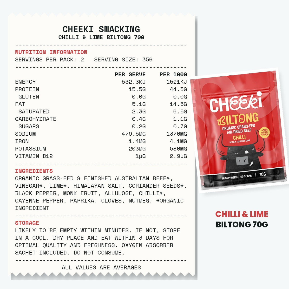 Cheeki Chilli & Lime Biltong 70g ingredients and nutrition information