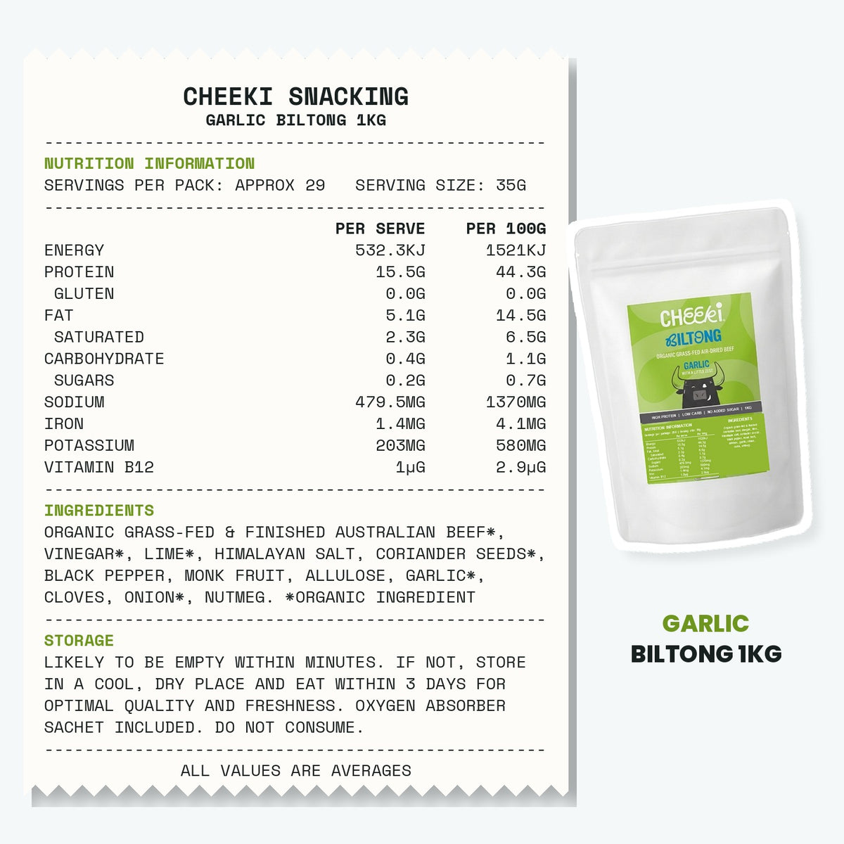 Cheeki Garlic Biltong 1kg ingredients and nutrition information