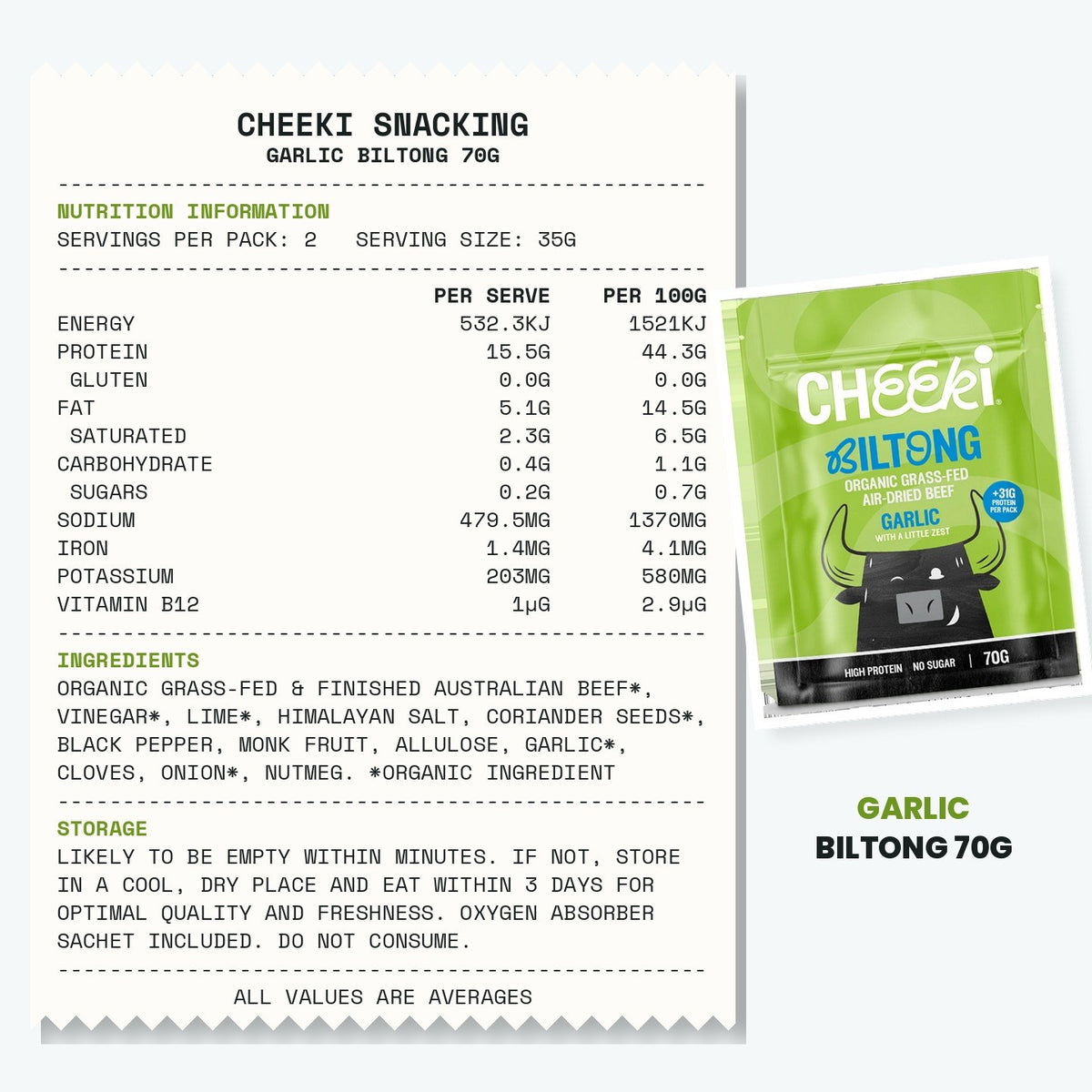 Cheeki Garlic Biltong 70g ingredients and nutrition information