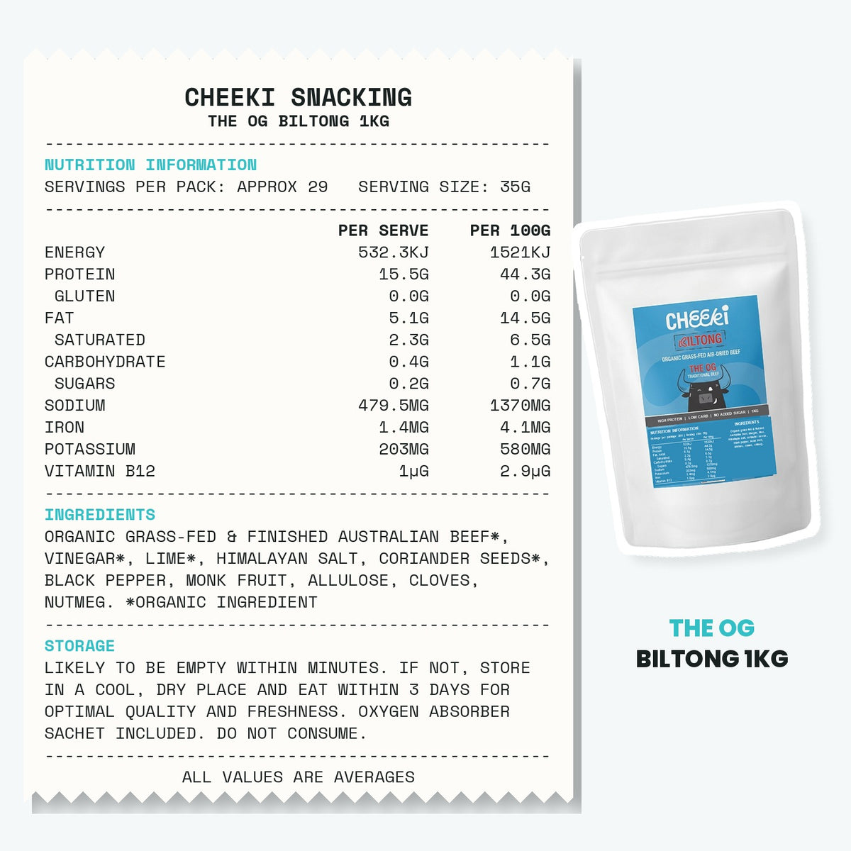 Cheeki OG Biltong 1kg ingredients and nutrition information