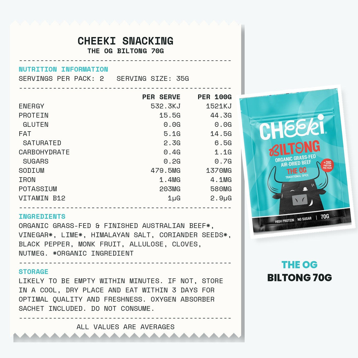 Cheeki OG Biltong 70g ingredients and nutrition information