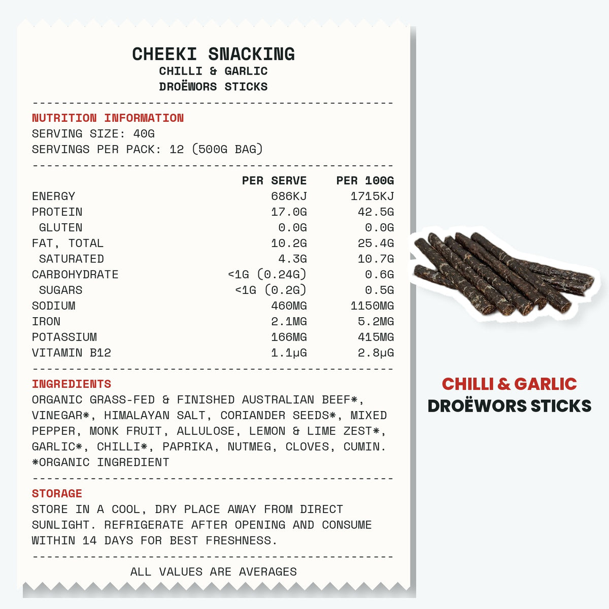 Cheeki Chilli & Garlic Droewors Sticks ingredients and nutrition information