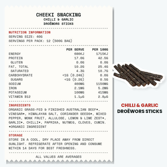 Cheeki Chilli & Garlic Droewors Sticks ingredients and nutrition information