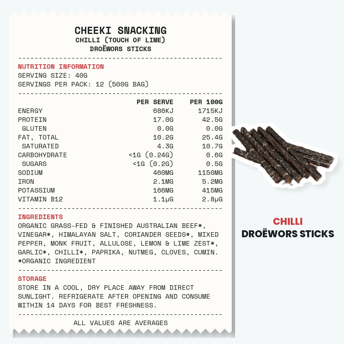 Cheeki Chilli Droewors Sticks ingredients and nutrition information