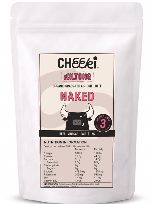 Cheeki Naked Biltong 1kg - just 3 ingredients: beef, vinegar, Himalayan salt