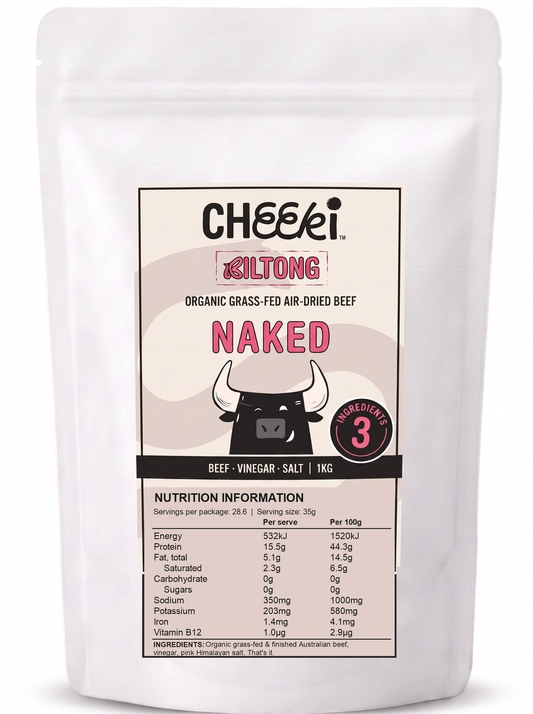 Cheeki Naked Biltong 1kg - just 3 ingredients: beef, vinegar, Himalayan salt