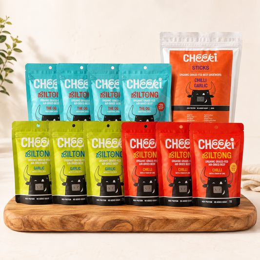 Cheeki Feast Box - Biltong x 10 Packs and Droëwors 500g x 1 - Organic & Grass Fed Beef