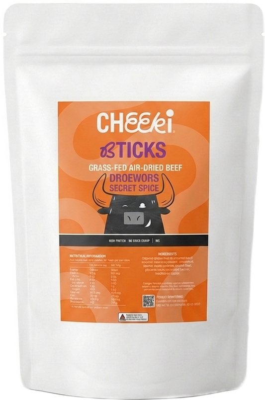 A white stand-up pouch of Cheeki Droewors Sticks Secret Spice 1kg Bulk Pack  